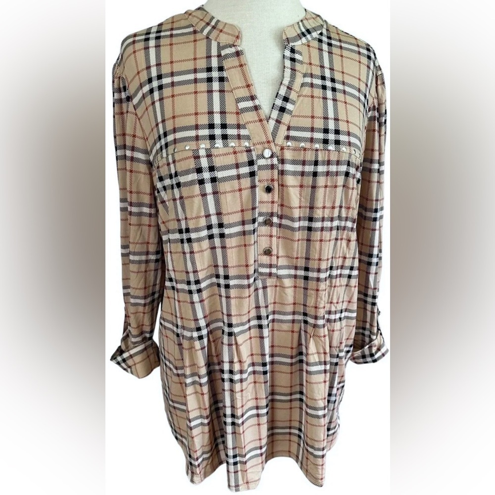 COCOMO 3X Beige Red Black Studded Plus Size 3/4 sleeve women’s Pintuck B…